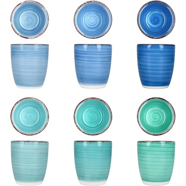MamboCat Becher 6er Set Blue Mokkabecher ohne Henkel 150ml 6 Personen Matcha Tee Tasse, Steingut – Bild 2