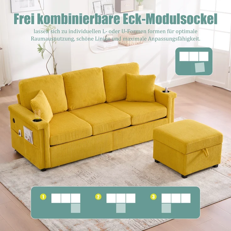 Sofa, Hochwertiges Samtsofa mit LED-Beleuchtung USB-C-Port inklusive Stauraum-Fußteil praktischen Getränkehaltern und Seitentaschen Premium Qualität für Wohnzimmer Schlafzimmer oder Büro, Samt, Senfgelb, – Bild 6
