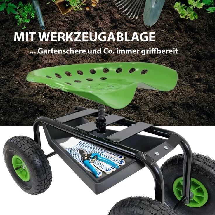 Gartenscooter mit Ablage Stahl 150 kg Sitzhöhe 44-52 cm Sitz 360° drehbar Lufträder in Schwarz-grün – Bild 7