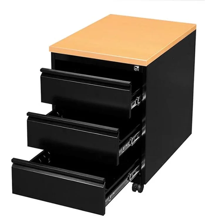 Profi Stahl Büro Rollcontainer Bürocontainer Holzabdeckplatte 3 Schubladen Maße: 62 x 46 x 59 cm RAL 9005 Schwarz/Platte Buche-Dekor 505301