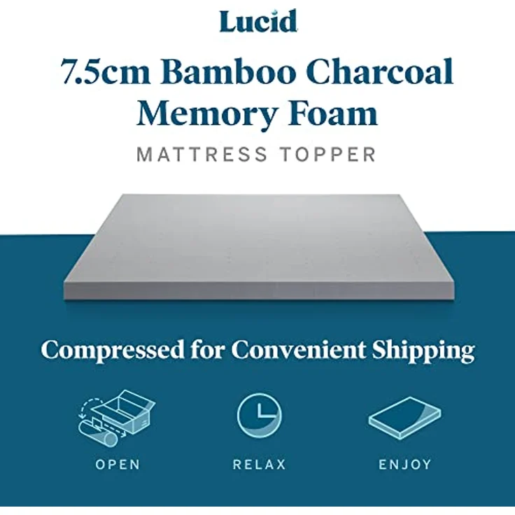 LUCID 7,5 cm Bambuskohle Memory Foam Matratzenauflage - Aktivkohle - Atmungsaktive Matratzenauflage, Doppelbett (135x190 cm) – Bild 3