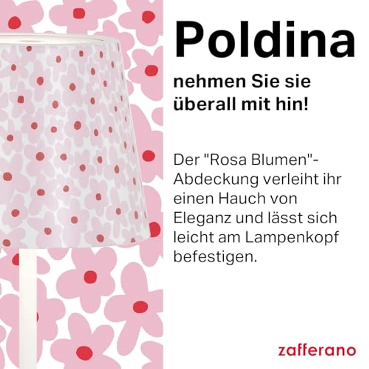 Zafferano, Poldina Pro Lampe mit Cover, Kabellose, Wiederaufladbare Tischlampe mit Touch Control, Auch für den Außenbereich Geeignet, Dimmer, 2200-3000 K, Höhe 38 cm, Farbe Weiß - Rosa Blumen – Bild 3