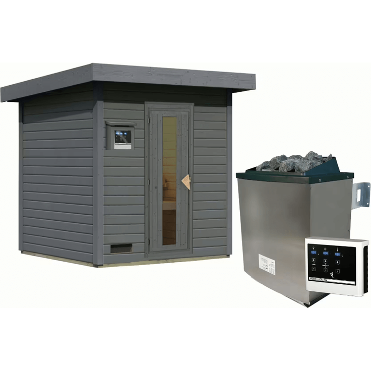Karibu Sauna Hytti 2 terragrau mit 9 kW Ofen mit externer Steuerung – Bild 2