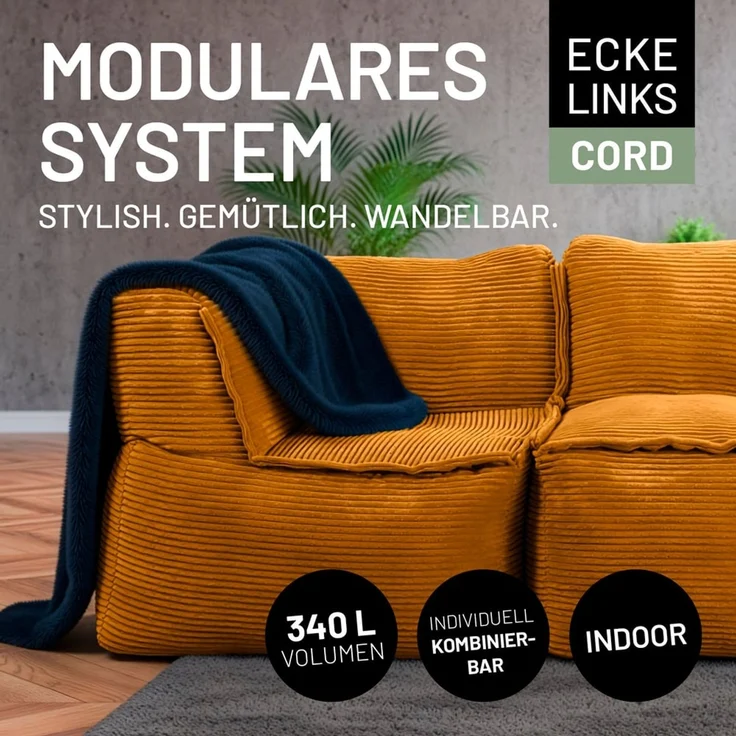 Lumaland Sitzsack-Sofa, Polyester, Eckteil, Cord - Senfgelb, 70 x 81 x 81 cm – Bild 3