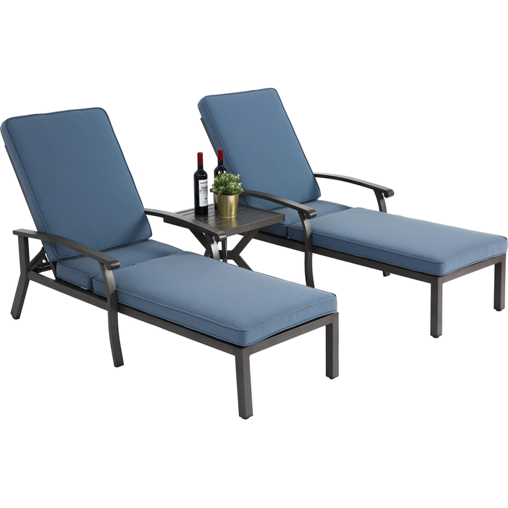 Lounge Gartenstuhl mit verstellbarer Rückenlehne, Aluminium Rahmen, bronzefarbene Pulverbeschichtung, Baumwollkissen blau – Bild 3