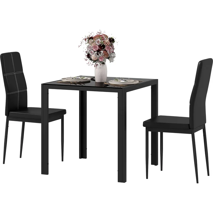 Essgruppe Esstisch mit 2 Stühlen Platzsparende Esszimmergruppe Sitzgruppe Schwarz--Schwarz--75x75x75cm--YOUDENOVA – Bild 2