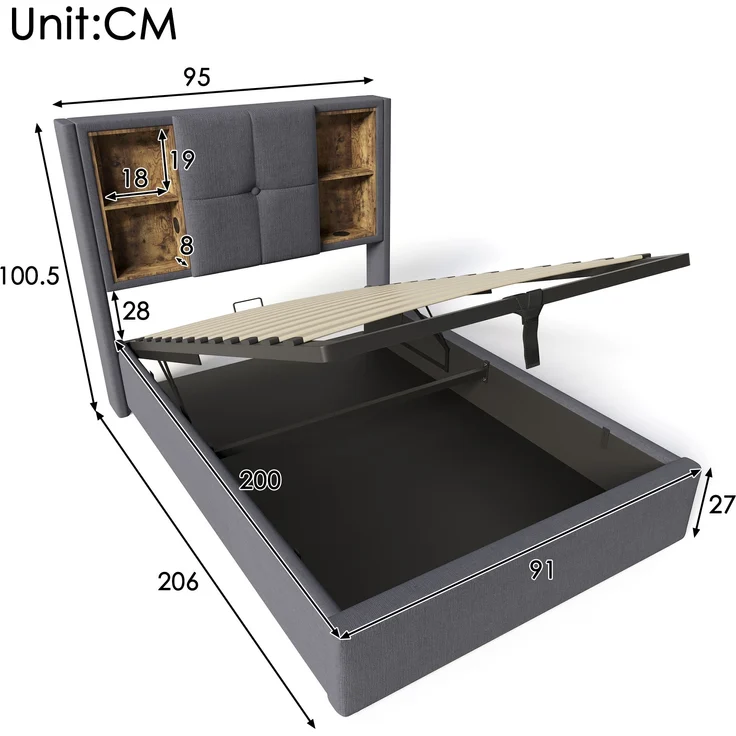 Einzelbett Polsterbett Baumwolle mit Stauraum & USB-Anschluss, 95x206x100,5 cm, Grau, ohne Matratze – Bild 3