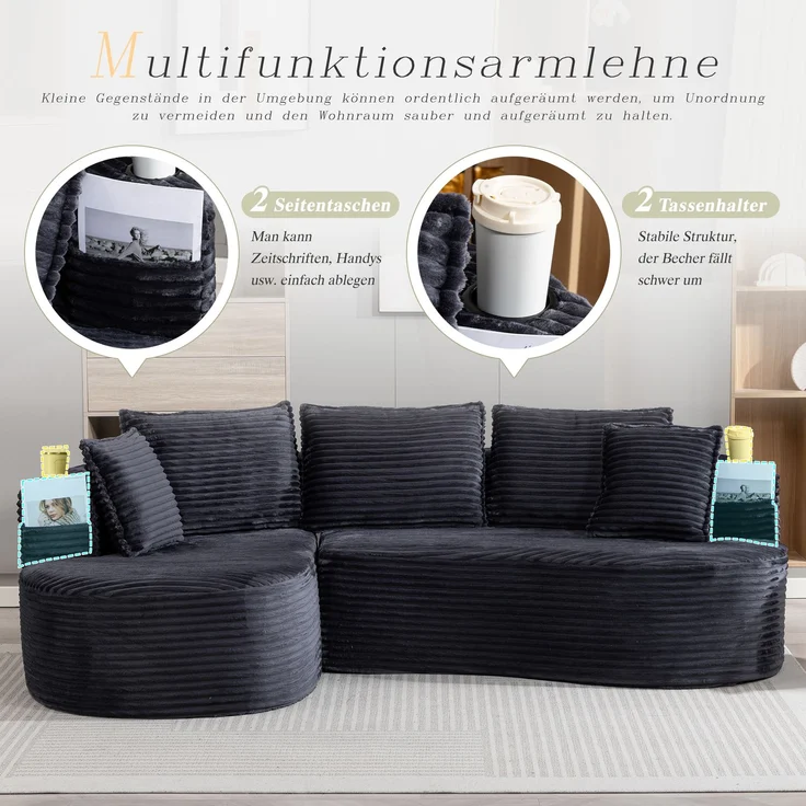 LVHOM Ecksofa L-Form, Cloud Sofa mit Tassenhalter und Seitentaschen, 3-Sitzer Sofa aus Cordstoff, kein Aufbau erforderlich, 250x152cm, Dunkelgrau – Bild 3