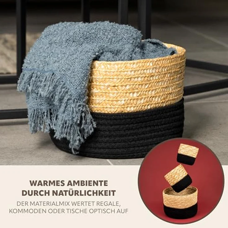 Aufbewahrungskorb, Baumwolle/ Strohgeflecht Ø 24 cm, schwarz – Bild 7