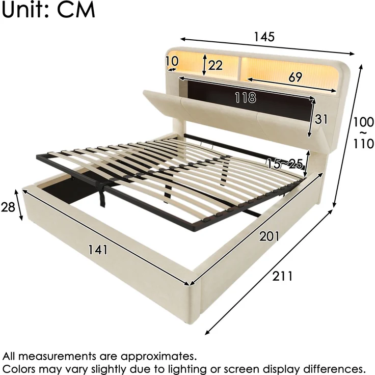 EINHOM Polsterbett Einzelbett 140 x 200 cm mit Höhenverstellbarem Stauraum-Kopfteil, Hydraulisches Bett mit LED-Beleuchtung & USB/Type-C Ladestation, Samt, Lattenrost, Beige (Ohne Matratze) – Bild 2