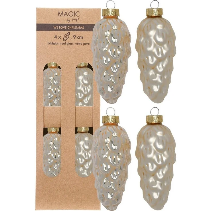 Holly & Jolly Christbaumschmuck, Christbaumschmuck Zapfen 9cm Glas 4 Stück - Champagne
