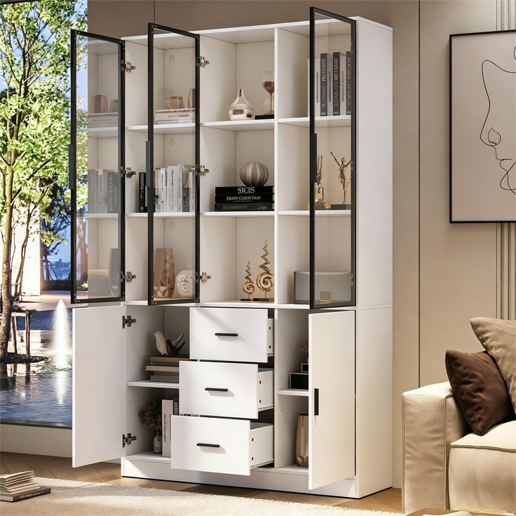 ZUBALIYA Vitrine mit Glasschrank Tür und LED-Licht, Vitrinenschrank Glasvitrine mit MultiStorage Bücherregal, Highboard Sammlervitrine mit Griff, 3 Schubladen & Türen, Wohnzimmerschrank, Weiß – Bild 9
