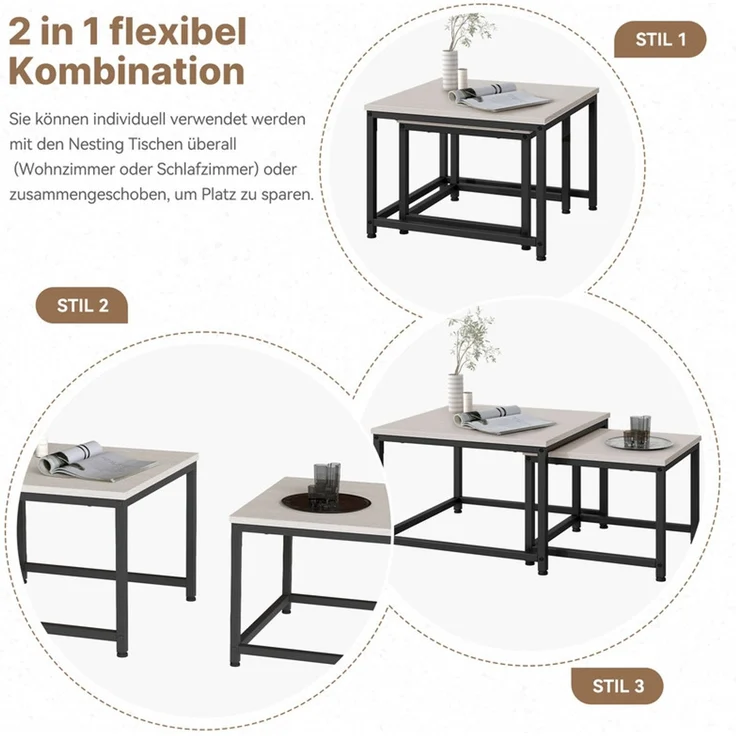 Hawthyhome 2er-Set Quadratischer Couchtisch Beistelltisch aus Holz mit Metallgestell, stapelbar & separat nutzbar, hochdichte MDF-Arbeitsplatte, moderne Industrie, wasserdicht & pflegeleicht, einfache Montage, für Wohnzimmer & Schlafzimmer, Weiß – Bild 4