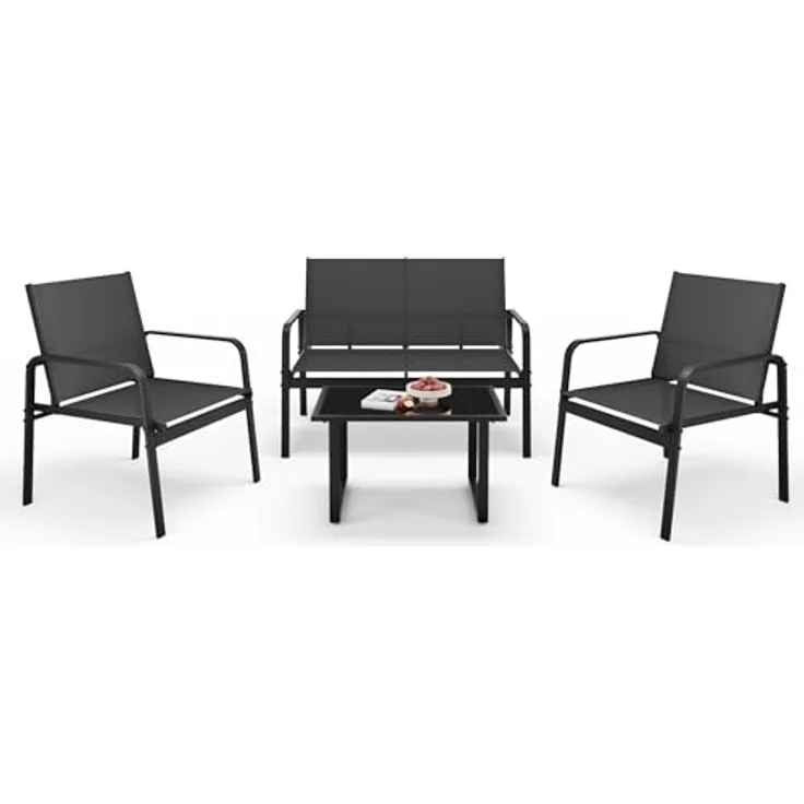 Mondeer Gartenmöbel Set, Balkon Möbel Set 4-TLG mit Armlehnen, Terrassenmöbel mit Tisch Sofa und 2 Stühlen, Textilene, für Garten Balkon Außen, Schwarz – Bild 2