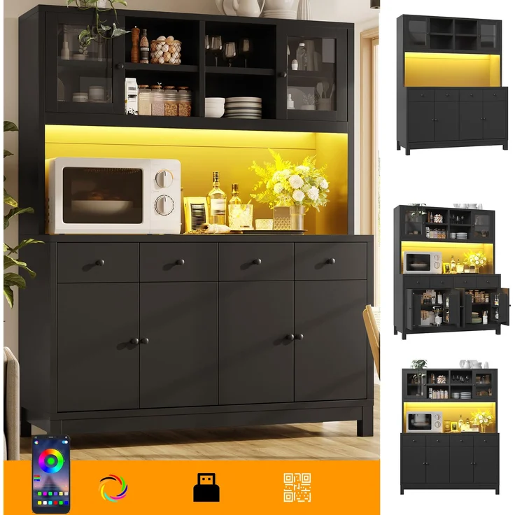 EINHOM Hochbuffetschrank 140 x 38.5 x 180 cm mit App-gesteuerter RGB-LED, Glastüren & 4 Schubladen, Verstellbare Einlegeböden, Belastbar bis 100kg, Schwarz – Bild 6