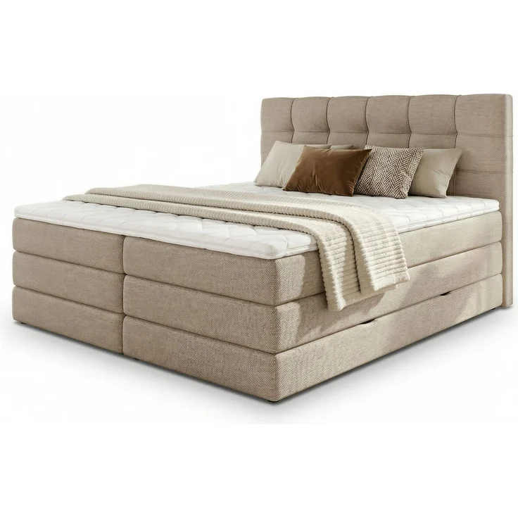 Boxspringbett Best XL mit 2 Bettkästen und Topper, mit Taschenfederkern- und Bonellfederkernmatratze, Doppelbett, Polsterbett aus Webstoff mit Stauraum (Beige (Inari 22), 180 x 200 cm) – Bild 2
