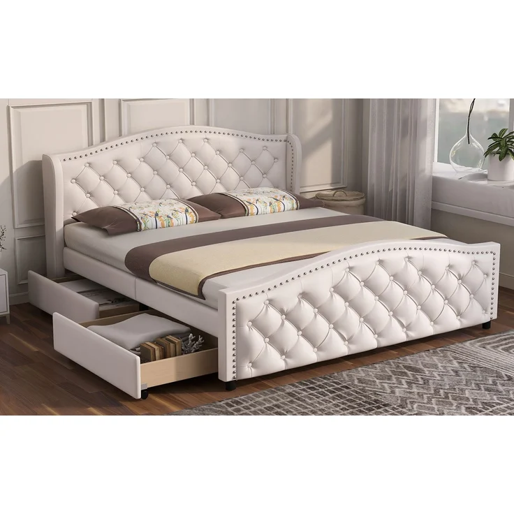 EINHOM Polsterbett 140 x 200 cm - Bett mit Lattenrost, 2 Schubladen und Kopfteil mit Zugpunktnieten – Holz & Kunstleder - Weiß – Jugendbett Gästebett, Weiß PU, (Ohne Matratze) – Bild 7