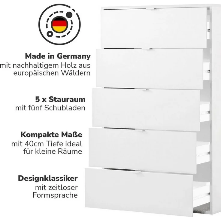 mokebo Sideboard Die Stilvolle (mit 5 Schubladen), Nachttisch, Highboard, Anrichte oder Kommode in Weiß – Bild 2