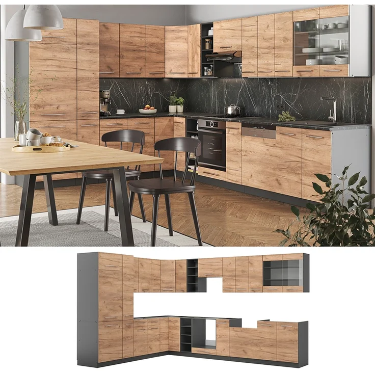 Eckküche Fame-Line Goldkraft Eiche/Anthrazit 347 x 46 cm ohne Arbeitsplatte Vicco – Bild 2