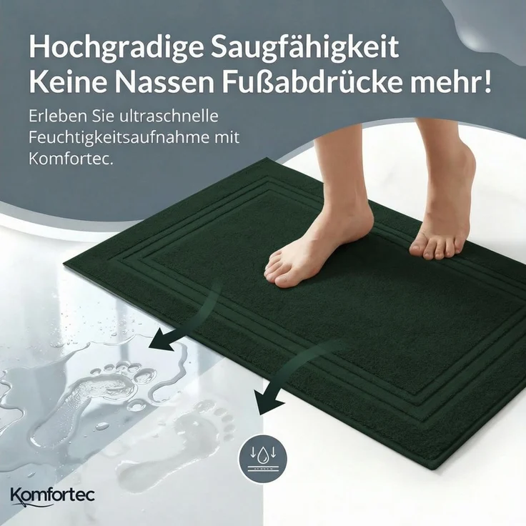 Komfortec Badvorleger Set 2 Teilig, Frottee Duschvorleger, Waschbar Duschmatte & Badteppich, 600 g/m² &100% Baumwolle, Saugfähig & Schnelltrocknend, 50x70 cm, Dungelgrün – Bild 2