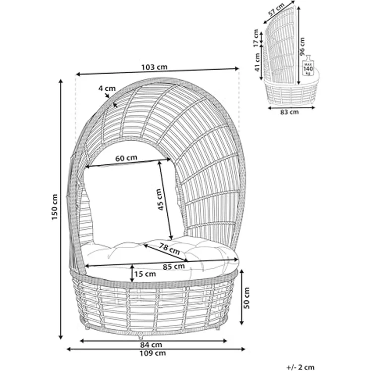 Beliani 'LIDO' Sonneninsel mit Kissen, Rattan natur / weiß, 109x83x150 cm – Bild 3