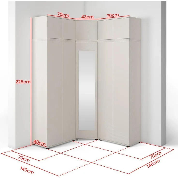 Eckschrank Napoli Version 10, Kleiderschrank mit Spiegel, Cashmere, 185 x 140 x 140 cm – Bild 2