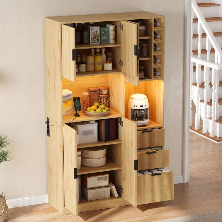 ZUBALIYA Weinschrank 105x40x180 cm, mit LED-Beleuchtung, mit Steckdosen, mit verstellbaren Einlegeböden, aus MDF, Natur – Bild 5