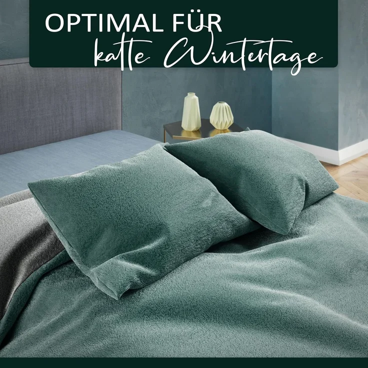 Moderne Plüschbettwäsche mit Reißverschluss - einfarbig, wendbar & warmhaltend Grün 200x220cm + 2x 80x80cm Kissenbezug – Bild 3