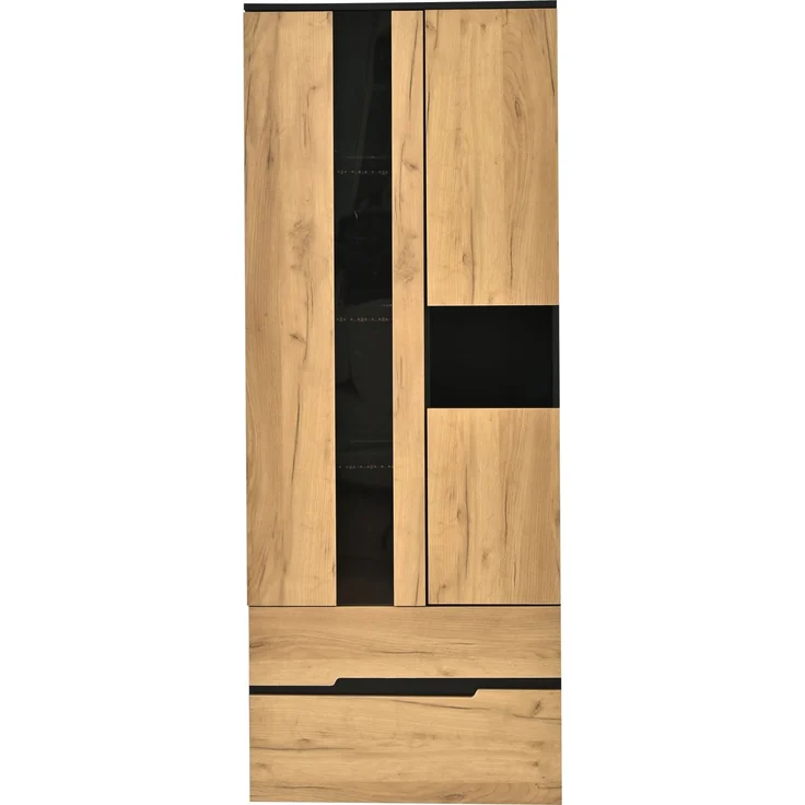 Vitrinen-Schrank, 70×35×180cm Mehrzweck Aufbewahrungsschrank mit LED-Lichtleiste, 3 Türen & 2 Schubladen, Holz-Schwarz Kombinationsdesign, bis 45kg Traglast, moderner Stauraumschrank für Wohnzimmer--Natürlich--70x35x180cm--YOUDENOVA – Bild 8