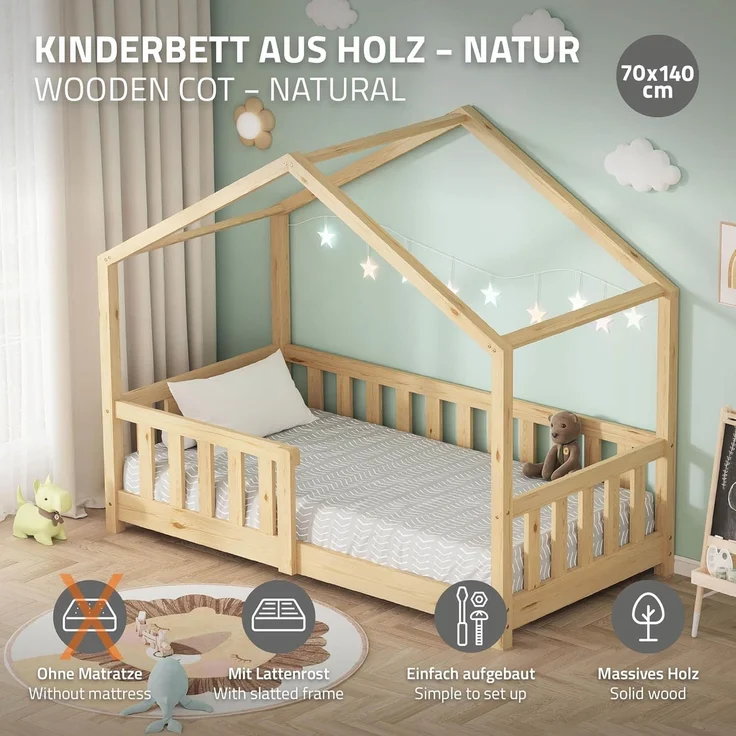 ML-DESIGN Spielbett Hausbett Kinderbett inkl. Lattenrost & Rausfallschutz Kinder Bodenbett, Abenteuerbett 70x140cm Haus Bett Himmelbett Kiefer Jugendbett Natur – Bild 3