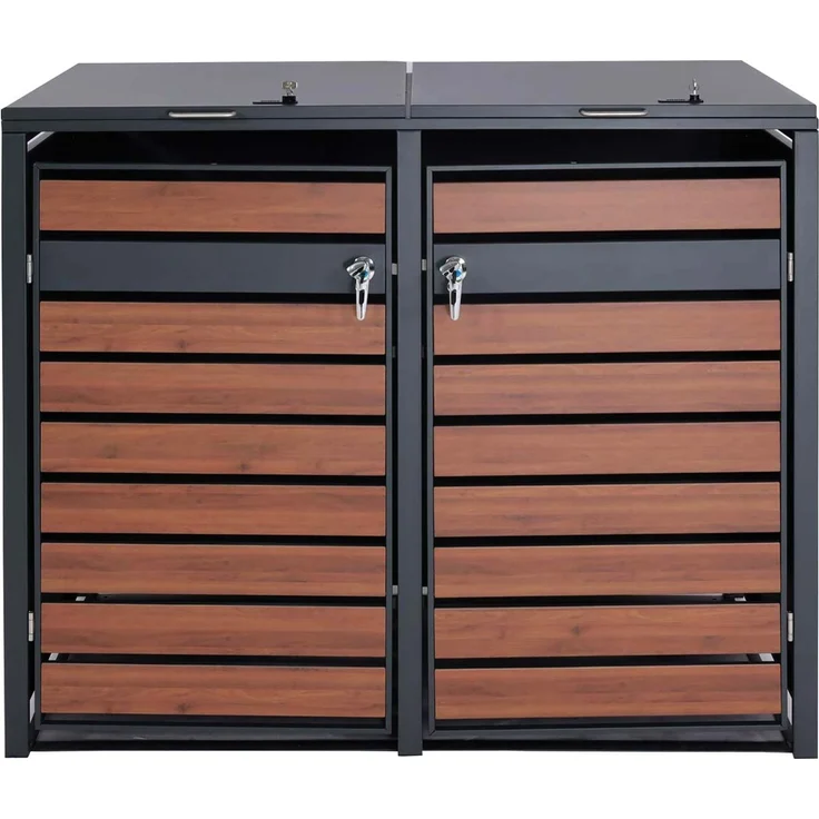 2er Mülltonnenverkleidung HWC-J81, Mülltonnenbox, erweiterbar, Metall 50kg, anthrazit ~ Kirsche-Holzoptik dunkelbraun – Bild 6