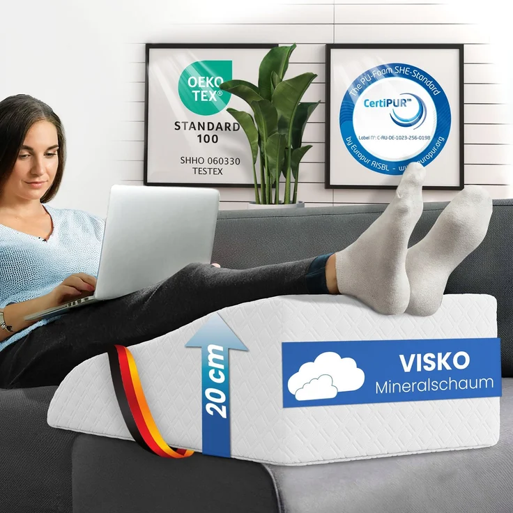ELONEO Beinhochlagerungskissen aus Memory Foam, Beinkissen zur Entlastung, Lagerungskissen mit abnehmbaren Bezug, 65x40x20cm, weiß – Bild 1