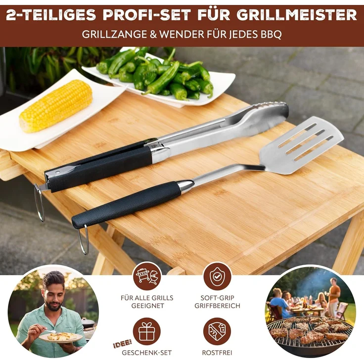 Grill-Besteck 2tlg. / Zange und Wender / langes Grillzubehör aus Edelstahl mit Softgriff – Bild 2