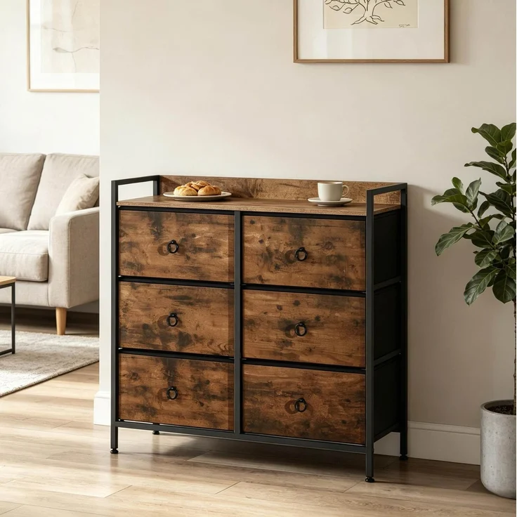 DESVIAE Kommode mit 6 Stoffschubladen 80x78x29 cm Holzwerkstoff Metall Rustikal Braun Schwarz – Bild 1