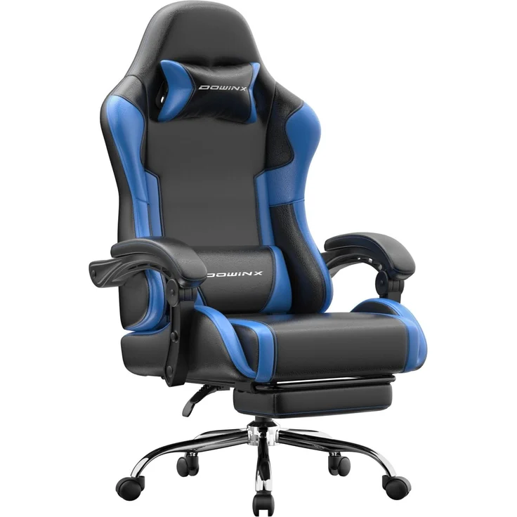 Dowinx Gaming Stuhl Bürostuhl Massage Gaming Sessel mit höhenverstellbaren Linkage-Armlehnen, ergonomischer Gamer Stuhl mit Fußstütze, gepolstert Gaming Chair 150° neigbar bis 180 kg, Blau