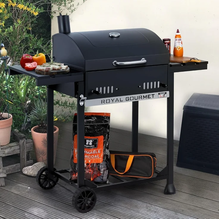 Royal Gourmet Holzkohlegrill Grillwagen mit klappbaren Seitenablagen, Smoker Standgrill mit Decekl, Thermometer, Kohlegrill Schwarz – Bild 9