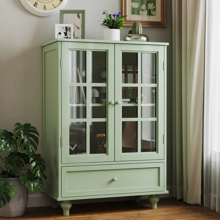 Vitrine 38 x 71 x 93 cm aus MDF mit Glastüren und Schublade in Mintgrün