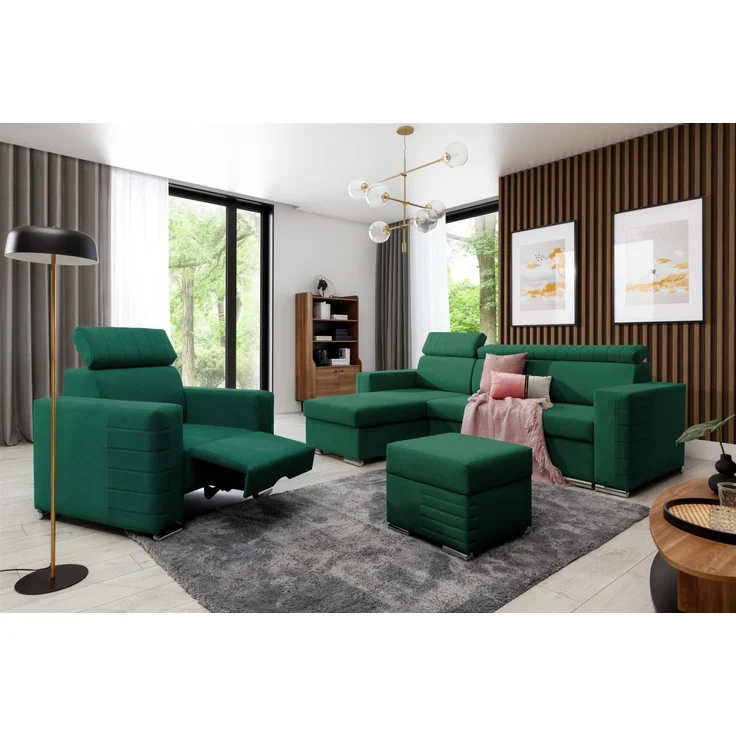Ecksofa Schlafsofa inkl. Hocker CANTON Stoff Camelia Grün Ottomane Links – Bild 4