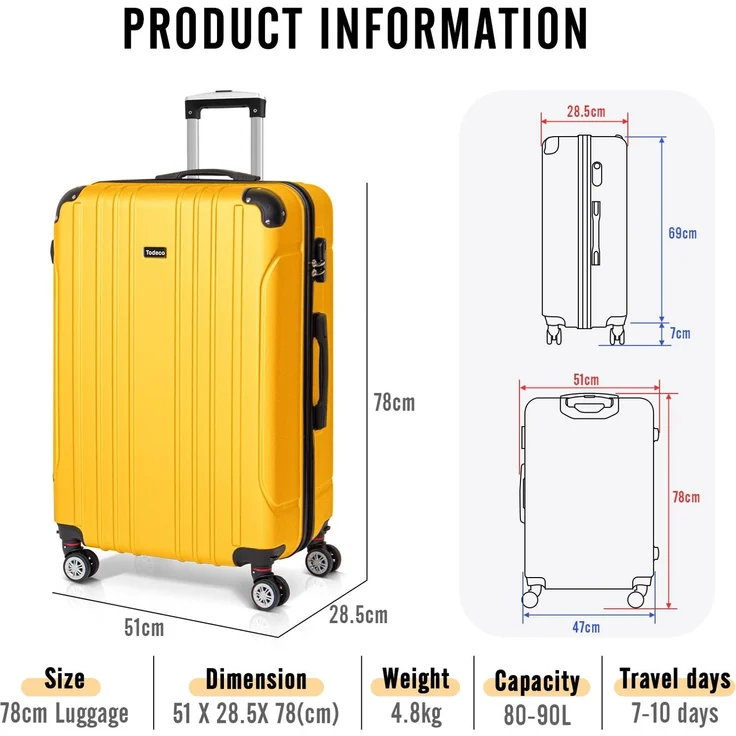 Todeco Großer Koffer Trolley 78cm, Zwillingsrollen Reisekoffer Koffer Trolleys, 4 Rollen Leicht Hartschale aus ABS Aufgabegepäck, 78x51x28cm, 90 Liter, Zitronengelb – Bild 7