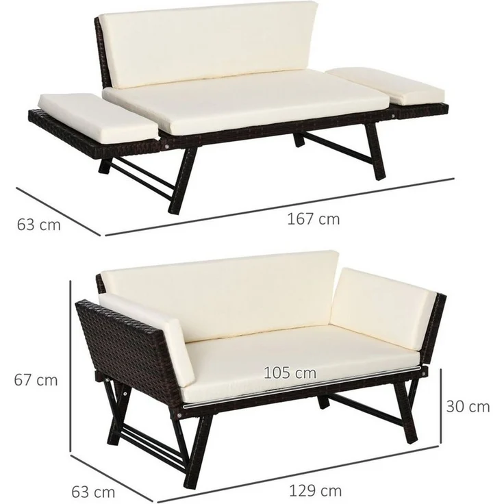 Outsunny Gartensofa Polyrattan 2 Sitzer klappbar mit Armlehnen Stahl 129x63x67cm, Gartenmöbel 1 Teile, für Garten, Balkon, Braun – Bild 3