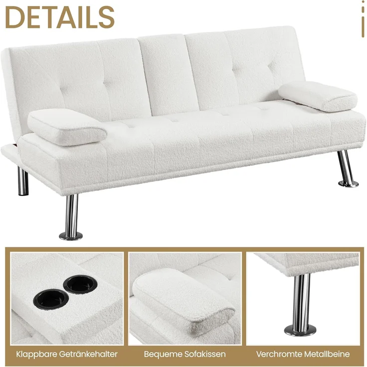 Yaheetech Schlafsofa für max. 3 Personen Gästebett Couch Sofa mit Schlaffunktion Tagesbett Bettsofa Schlafcouch Sofabett Polstersofa bis 350 kg belastbar Elfenbeinen – Bild 7