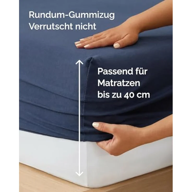 Spannbettlaken Jersey 180x200 - Baumwolle Boxspringbett 40cm - Marineblau | Spannbetttuch, Rundumgummi, Dehnbar, Weich, Atmungsaktiv, Knitterfrei, Pflegeleicht, Baumwoll-Jersey, Bis 40cm, OEKO-TEX – Bild 5
