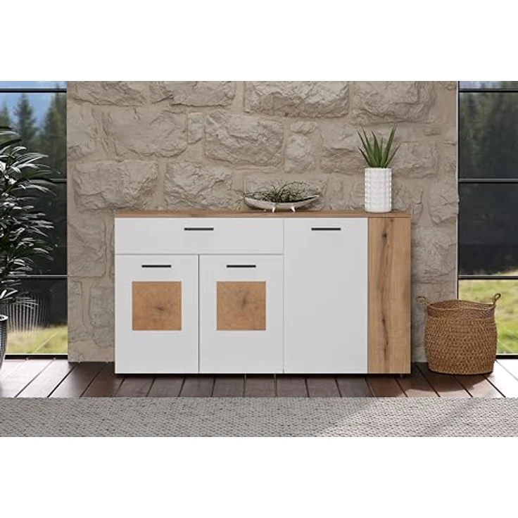 Calicosy Sideboard, Weiß, Holzwerkstoff, 150x83x42 cm, mit 4 Türen und 1 Schubkasten, modern mit Coast Evoke Oak Akzenten – Bild 5