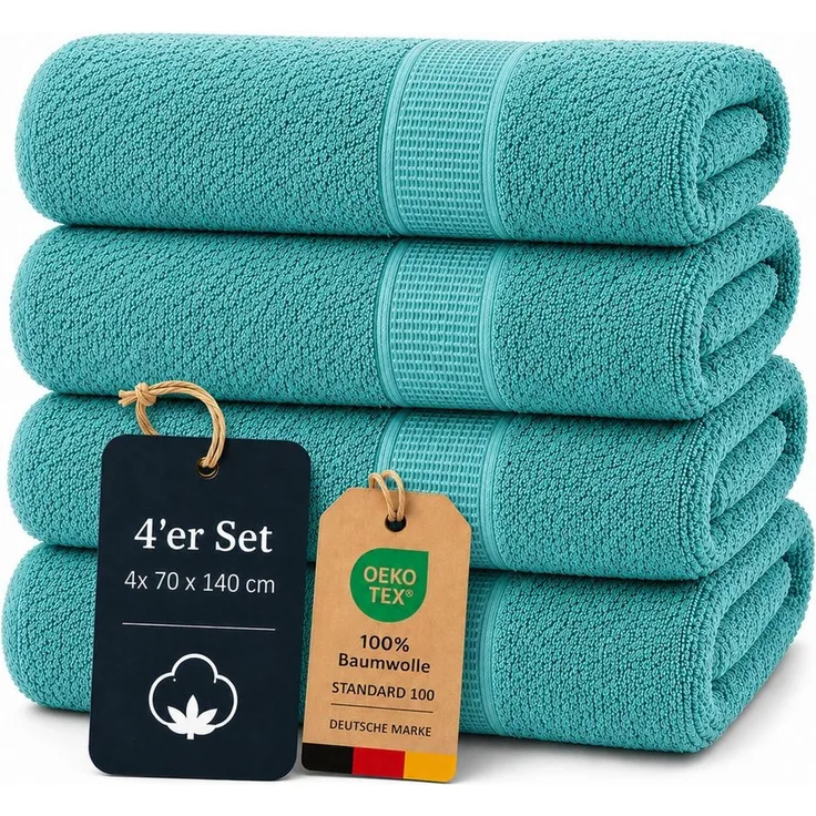 Komfortec Handtuch Set 4x Premium Badetuch Set - 70x140 cm, Frottee (4-St), 4x Handtuch-Set, 100% Baumwolle, mit Bordüre, Weich & Saugstark
