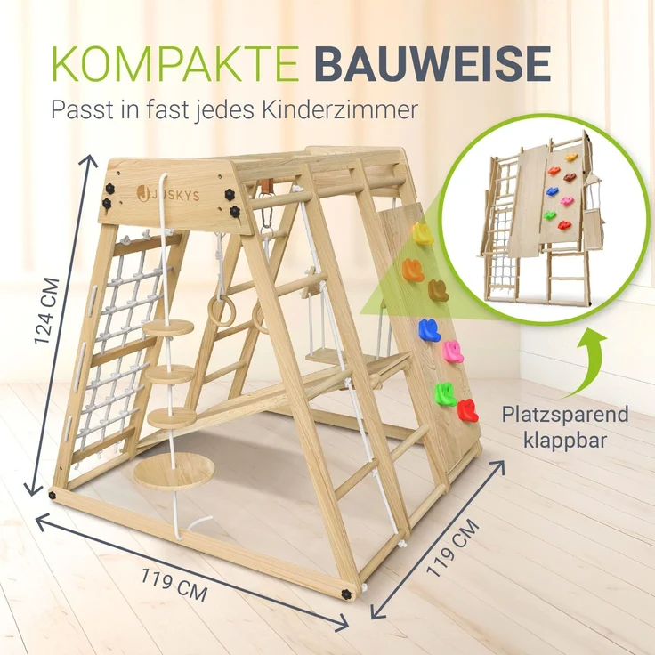 Juskys 'Maxi' Klettergerüst für Kinder - Indoor Spielplatz mit Rutsche, Kletterwand, Kletternetz & Schaukel - Holz Kletterturm klappbar - Holz Natur, 119 x 124 x 119 cm – Bild 6