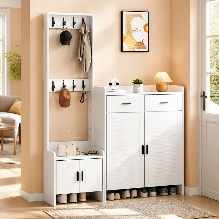 Garderobenschrank, mit 8 Haken, 2 Schubladen & 6 Böden, 125x36x165 cm, Weiß – Bild 1