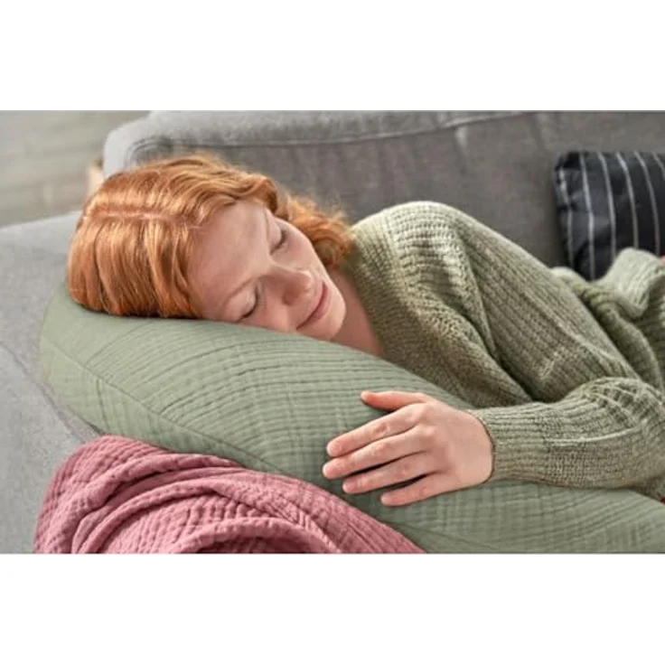 Theraline Stillkissen Der Musselinmond, ergonomisches Stillkissen mit feiner Perlen-Füllung, Bezug 140 cm, Salbei – Bild 4