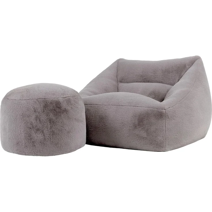 Icon Natalia Sitzsack Sessel für Erwachsene mit Hocker, Grau, Flauschiger Kaninchen Kunstfell Stoff, Riesen Sitzsack mit Füllung, Bean Bag, Bequemer Sessel Wohnzimmer, Lounge, Schlafzimmer, Büro – Bild 1