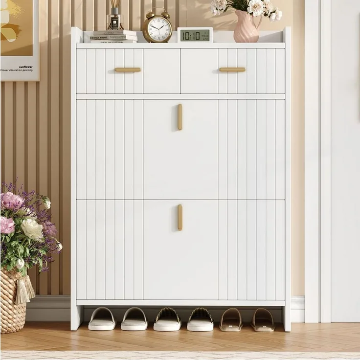 Merax Schuhschrank mit Klappen und 2 Schublade, schmaler Schuhkipper (1-St, mit 2 Ebenen, Schuhaufbewahrungsschrank) für Flur und Eingangsbereich