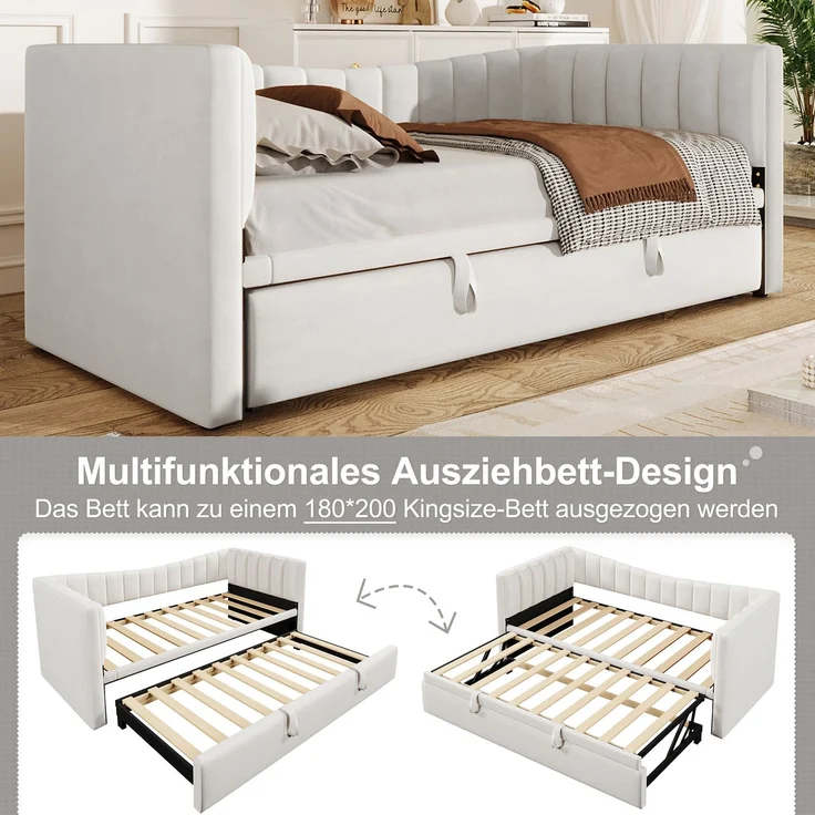 Polsterbett 90x200cm ausziehbar 180x200 cm,Samt Daybett mit ausziehbarem Rollbett, multifunktionales Gästebett in Weiß – Bild 6